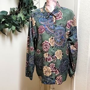 VTG  | Green Floral Rose & Paisley Print Blouse
